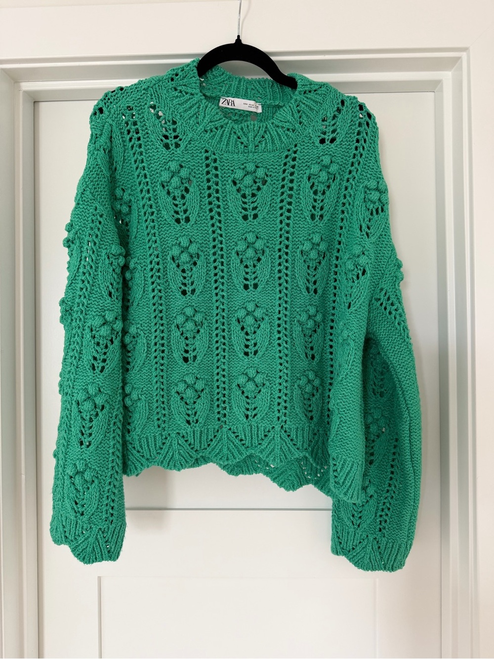 ZARA Teal Openwork Crochet Bobble Crewneck Sweater